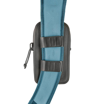 A close-up of the Nite Ize RunOff Waterproof Phone Case Plus in Black, showing the adjustable strap and secure buckle against a white background.