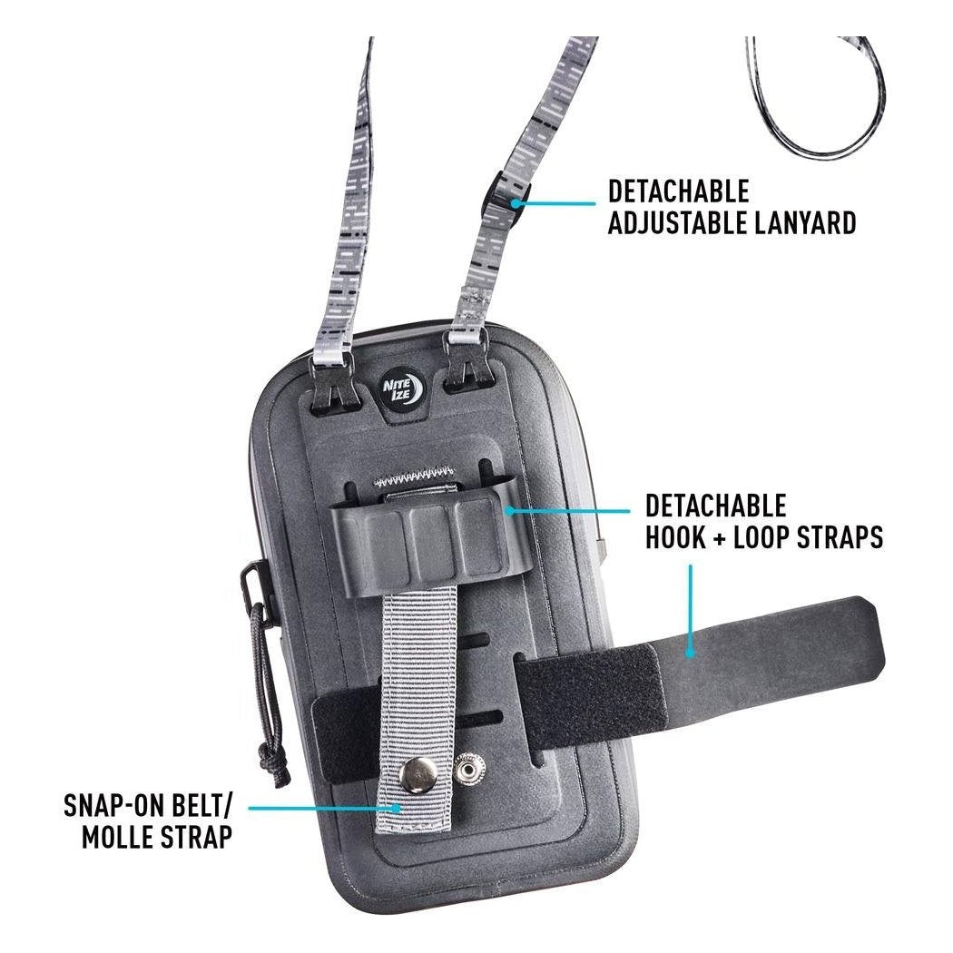 Back view of the Nite Ize RunOff Waterproof Phone Case Plus in Black showing the detachable adjustable lanyard and snap-on belt strap against a white background.