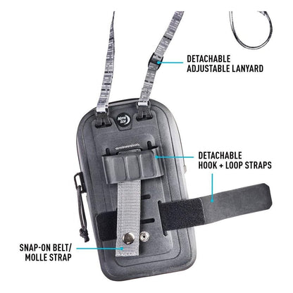 Back view of the Nite Ize RunOff Waterproof Phone Case Plus in Black showing the detachable adjustable lanyard and snap-on belt strap against a white background.