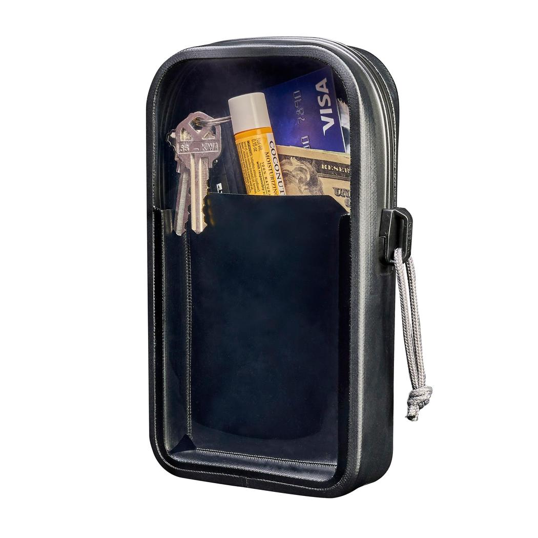 A black Nite Ize RunOff Waterproof Phone Case Plus with a front pocket holding keys, lip balm, and a Visa card, shown from the front against a white background.