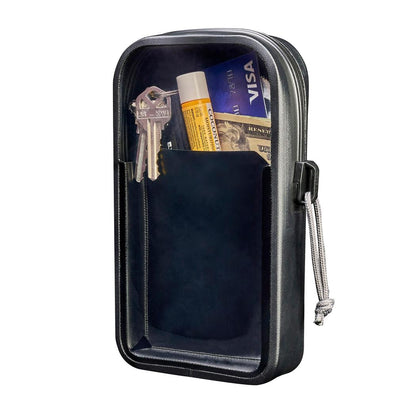 A black Nite Ize RunOff Waterproof Phone Case Plus with a front pocket holding keys, lip balm, and a Visa card, shown from the front against a white background.