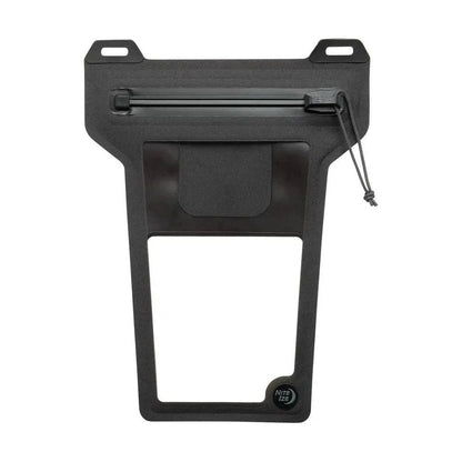 A front view of the Nite Ize RunOff Waterproof Phone Pouch in Charcoal showing the top zipper and drawstring against a white background.