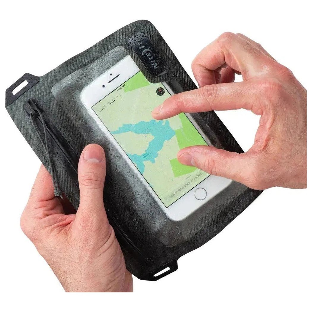 A hand holds the Nite Ize RunOff Waterproof Pocket with a smartphone showing a map inside, against a white background.