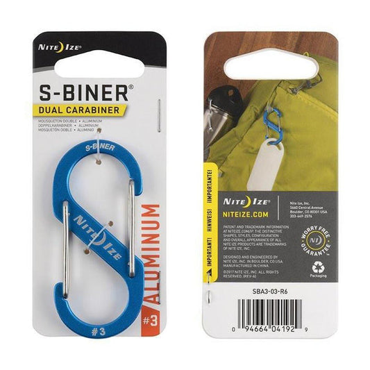 Front view of the Nite Ize S-Biner Aluminum Dual Carabiner #3 in blue on its packaging with a barcode and website.