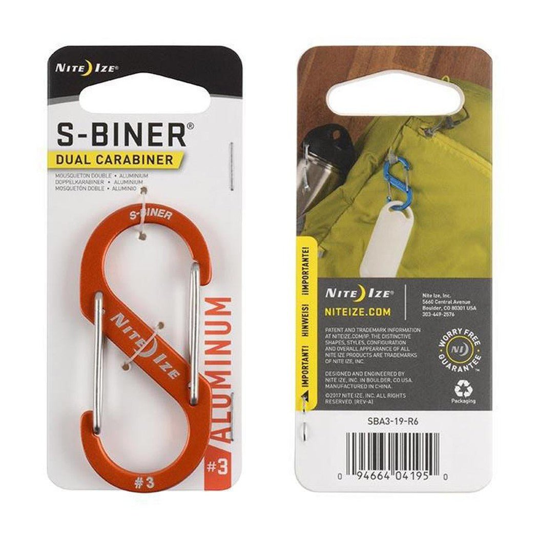Front and back packaging of the Nite Ize S-Biner Aluminum Dual Carabiner #3 showing the orange carabiner and product details.
