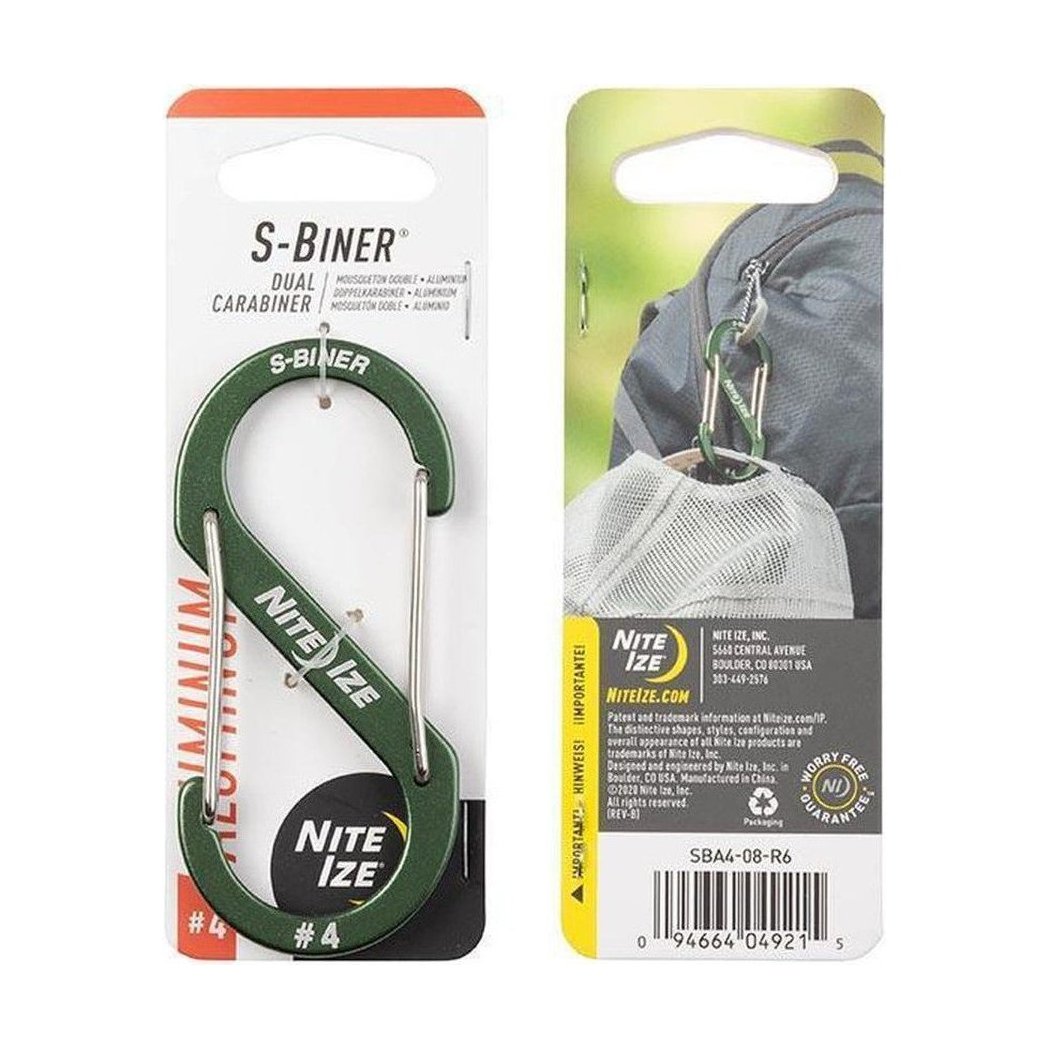 A front and back view of the Nite Ize S-Biner Aluminum Dual Carabiner #4 in blue packaging.
