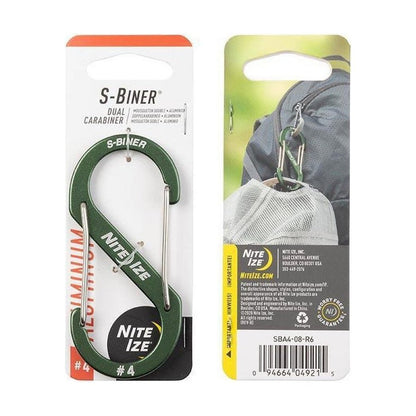 A front and back view of the Nite Ize S-Biner Aluminum Dual Carabiner #4 in blue packaging.
