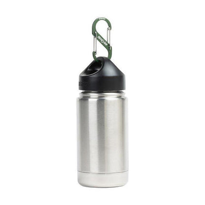 A blue Nite Ize S-Biner Aluminum Dual Carabiner #4 hangs from a stainless steel water bottle against a white background.