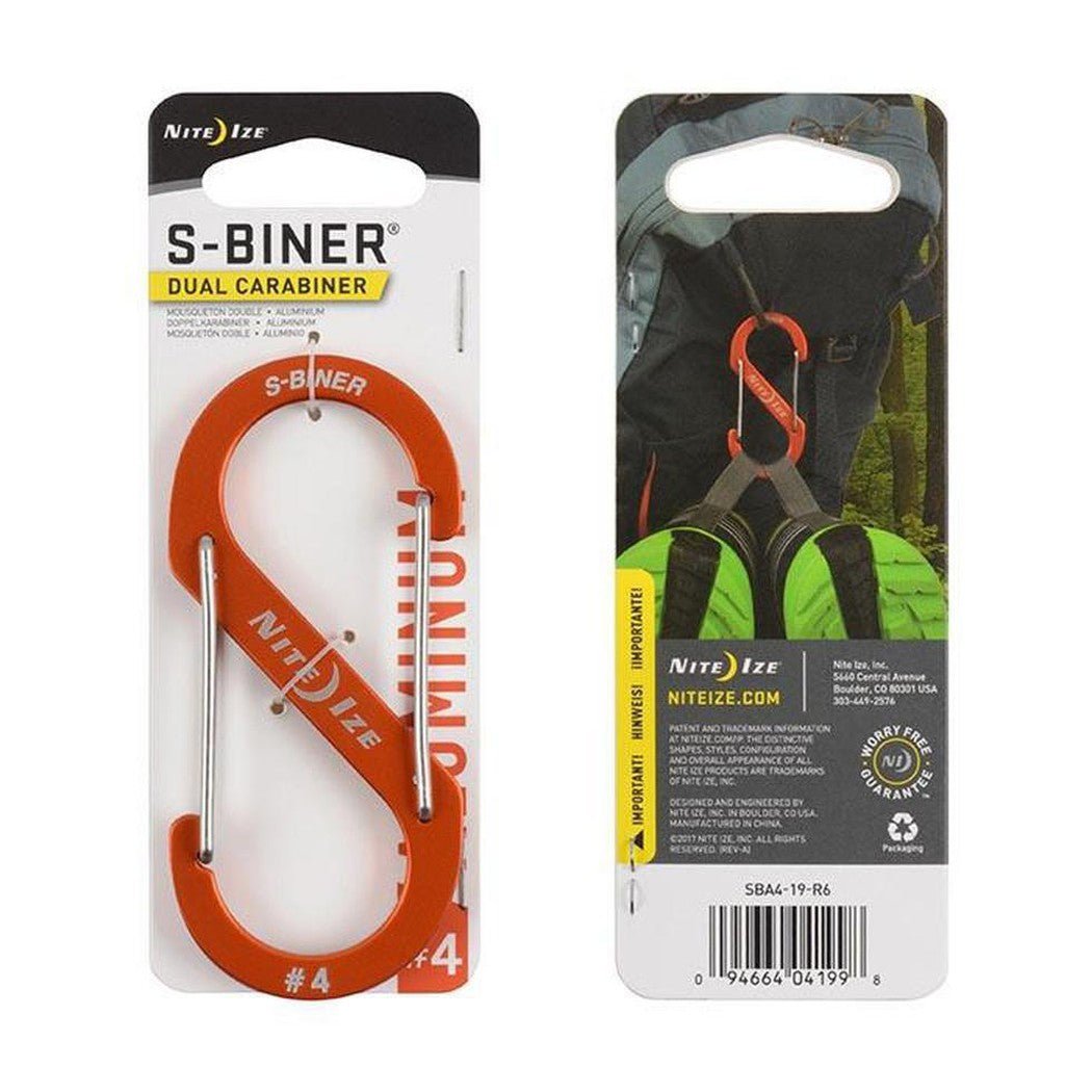 Front and back packaging of the Nite Ize S-Biner Dual Carabiner #4 showing the orange carabiner and a model wearing it on a backpack.