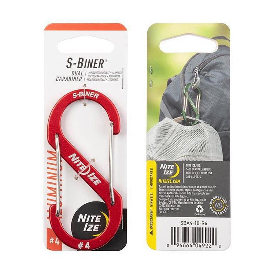 A front and back view of the red Nite Ize S-Biner Aluminum Dual Carabiner #4 packaging showing the carabiner and a backpack clip.