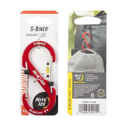 A front and back view of the red Nite Ize S-Biner Slidelock Aluminum #4 carabiner on its packaging.