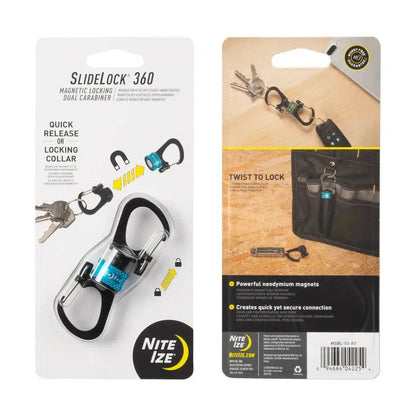 Back and front packaging of the Nite Ize SlideLock 360 magnetic locking dual carabiner showing the blue carabiner and twist to lock feature.