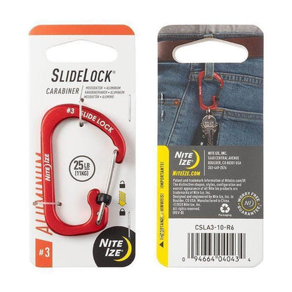 A front and back view of the red Nite Ize SlideLock Carabiner Aluminum #3 showing the packaging and a model wearing it on jeans.