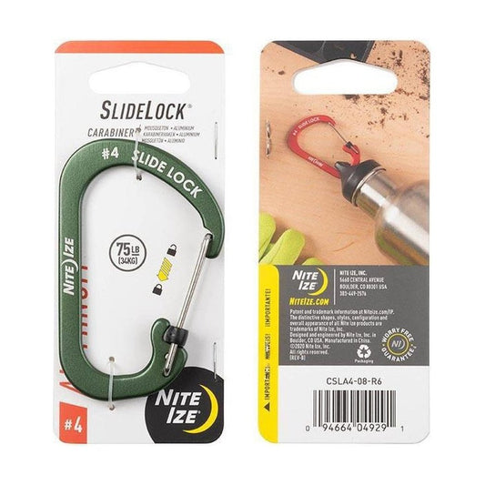 Olive Nite Ize SlideLock Carabiner Aluminum #4 front and back packaging showing the carabiner and product details.