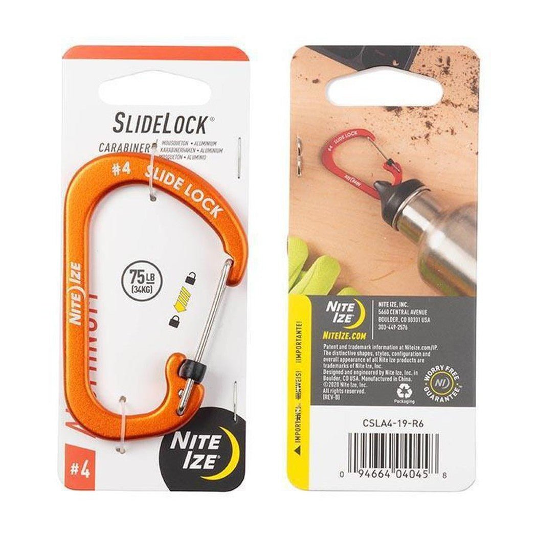 The front and back of an orange Nite Ize SlideLock Carabiner Aluminum #4 product package is shown.