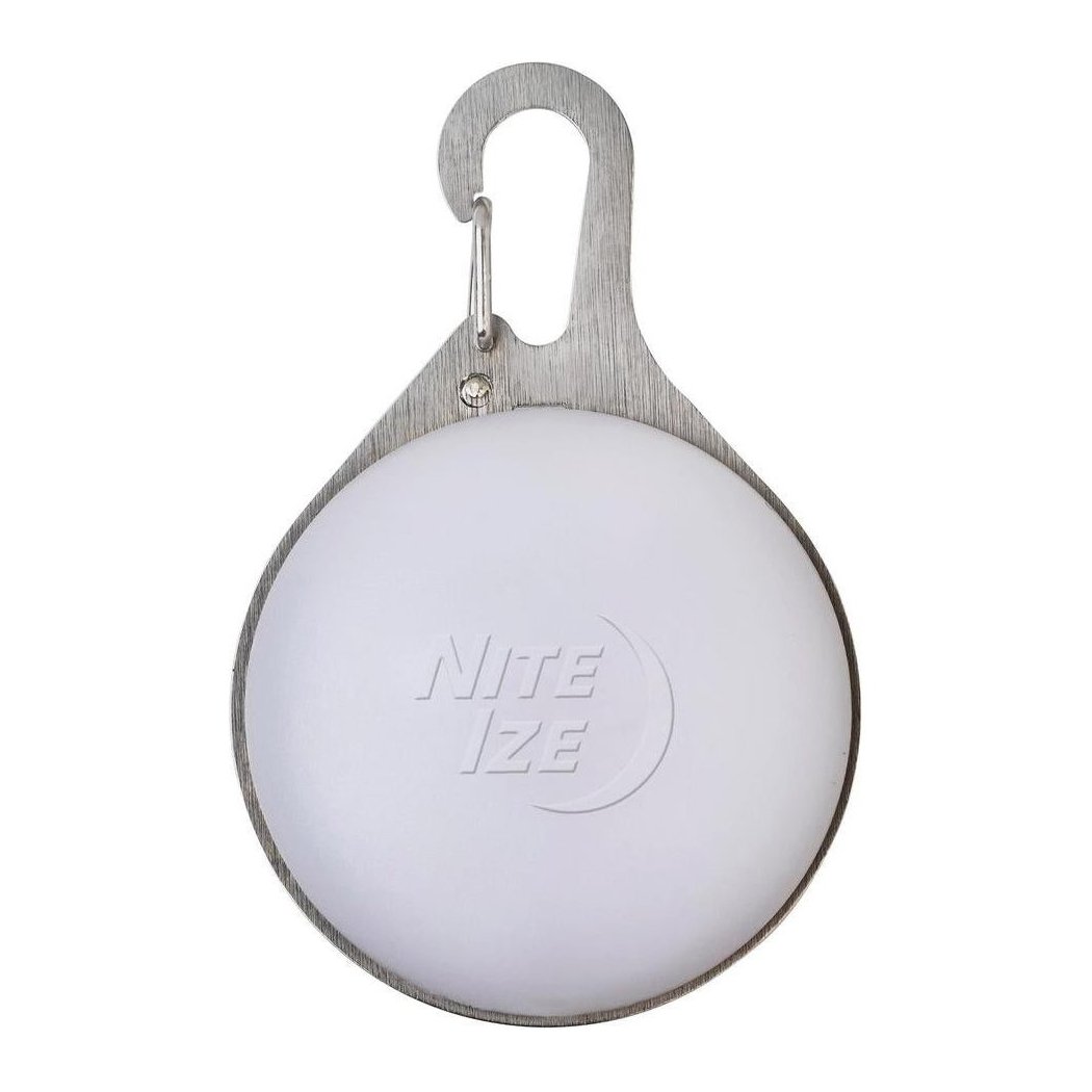 A top-down view of the Nite Ize SpotLit Splash Waterproof Rechargeable Collar Light - Disc - O Select with a metal carabiner hook and a white circular light face against a white background.