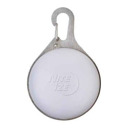 A top-down view of the Nite Ize SpotLit Splash Waterproof Rechargeable Collar Light - Disc - O Select with a metal carabiner hook and a white circular light face against a white background.