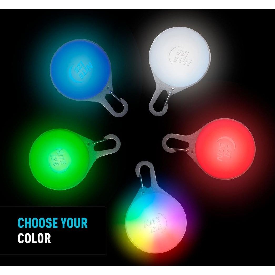 Five Nite Ize SpotLit Splash lights in blue, white, green, red, and multicolor glow against a black background with "Choose Your Color" text.
