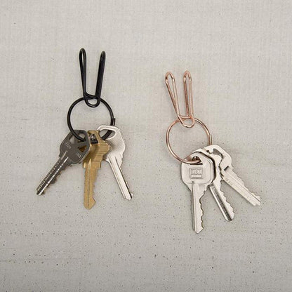 Two Nite Ize SqueezeRing Easy Load Key Clips, one black and one copper, hang on a light gray background with keys attached.
