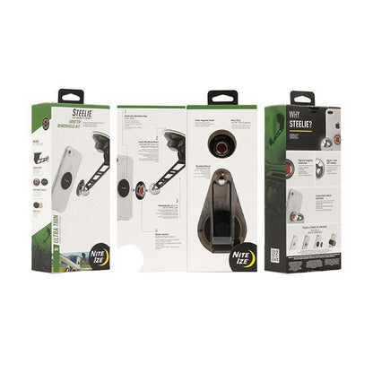 Three boxes of the Nite Ize Steelie Orbiter Windshield Kit show the product and its features.