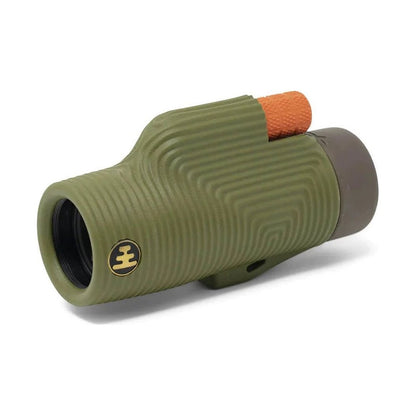 Side view of the Nocs Provisions 8x32 Monocular Bundle in Juniper Green showing the textured grip and orange focus wheel against a white background.