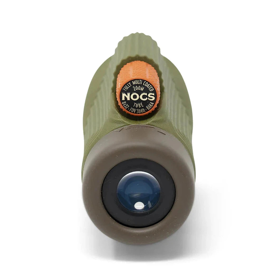 Back view of the Nocs Provisions 8x32 Monocular Bundle in Juniper Green showing the lens and the brand logo on a white background.
