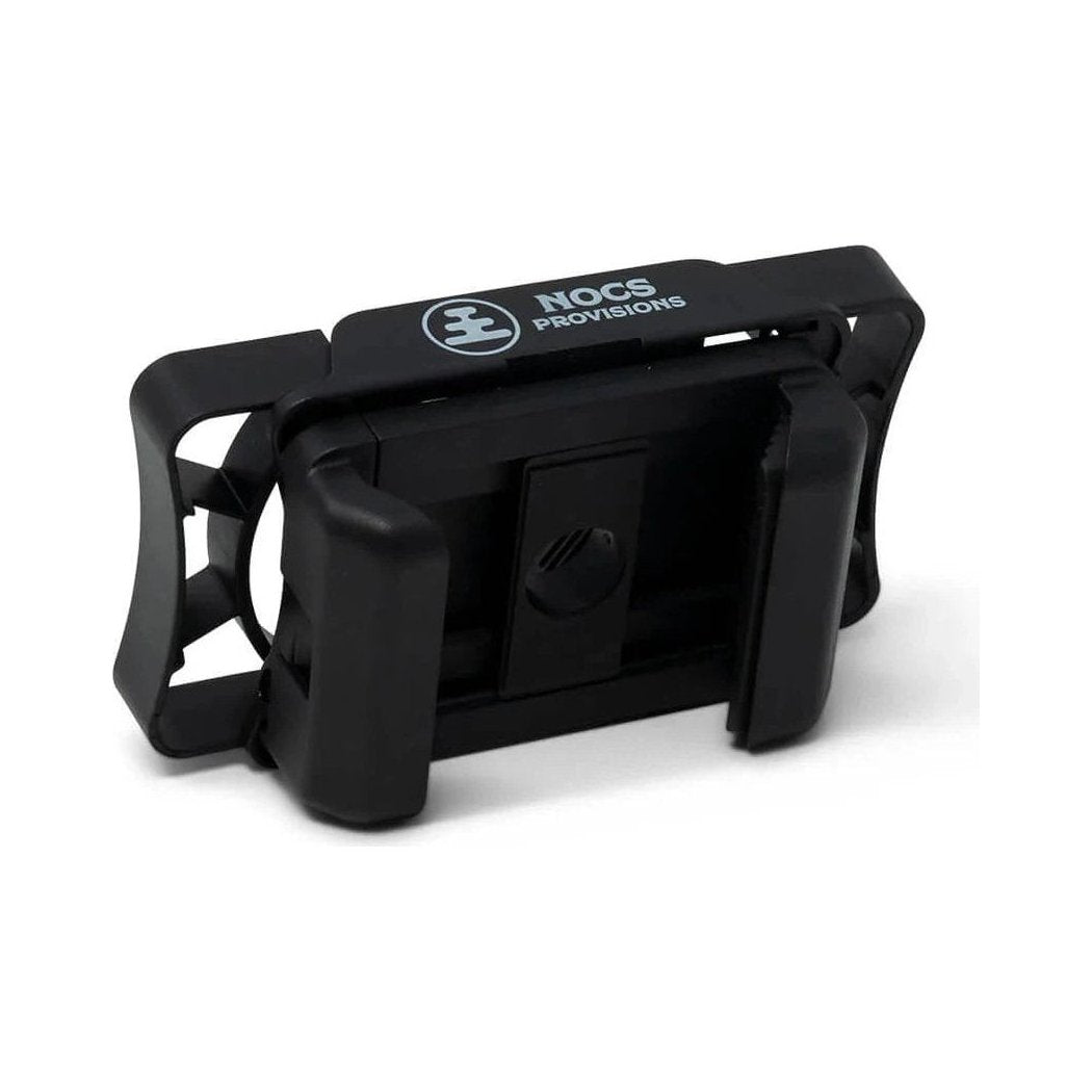 Black Nocs Provisions Photo Rig smartphone adapter with a clip and logo on top, shown from the back against a white background.