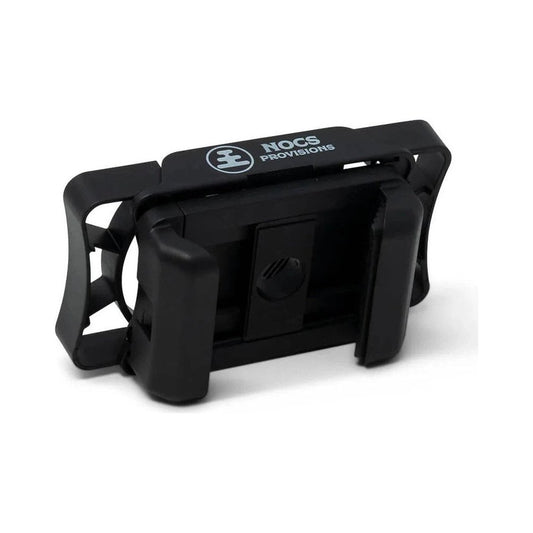 Black Nocs Provisions Photo Rig smartphone adapter with a clip and logo on top, shown from the back against a white background.