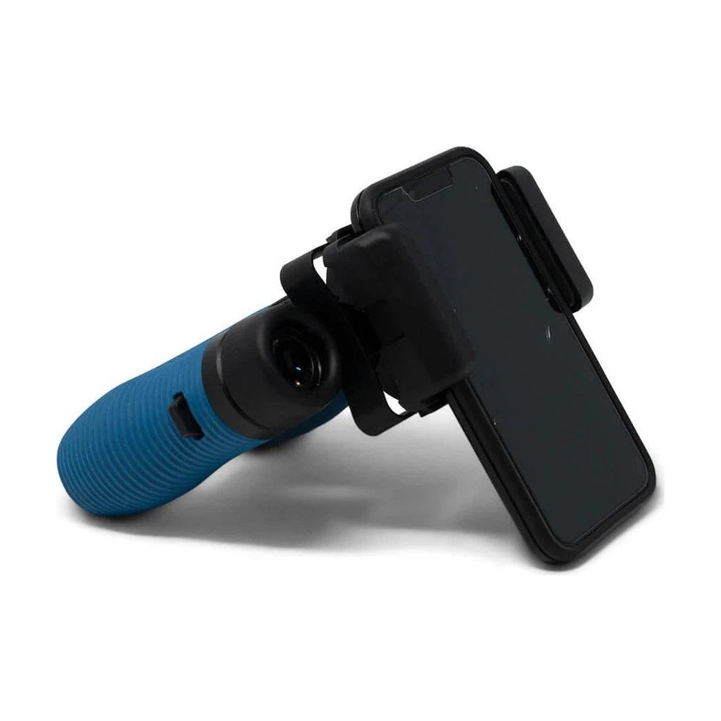 A black Nocs Provisions Photo Rig with a smartphone attached, shown from a side angle against a white background.