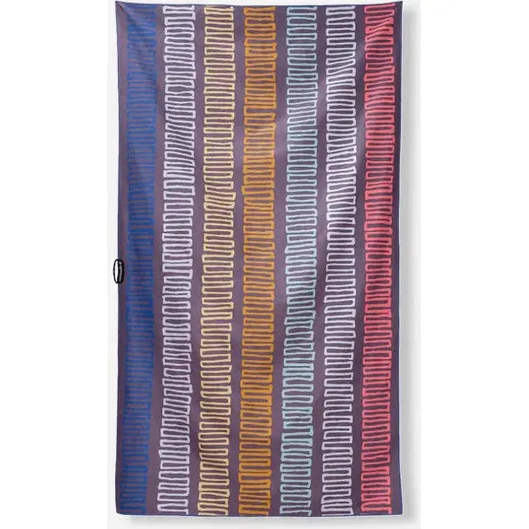 Side view of the Nomadix Ultralight Towel in Agua Blue showing the vertical stripe pattern against a white background.