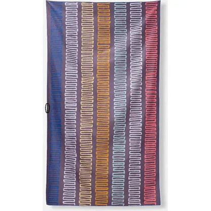 Side view of the Nomadix Ultralight Towel in Agua Blue showing the vertical stripe pattern against a white background.