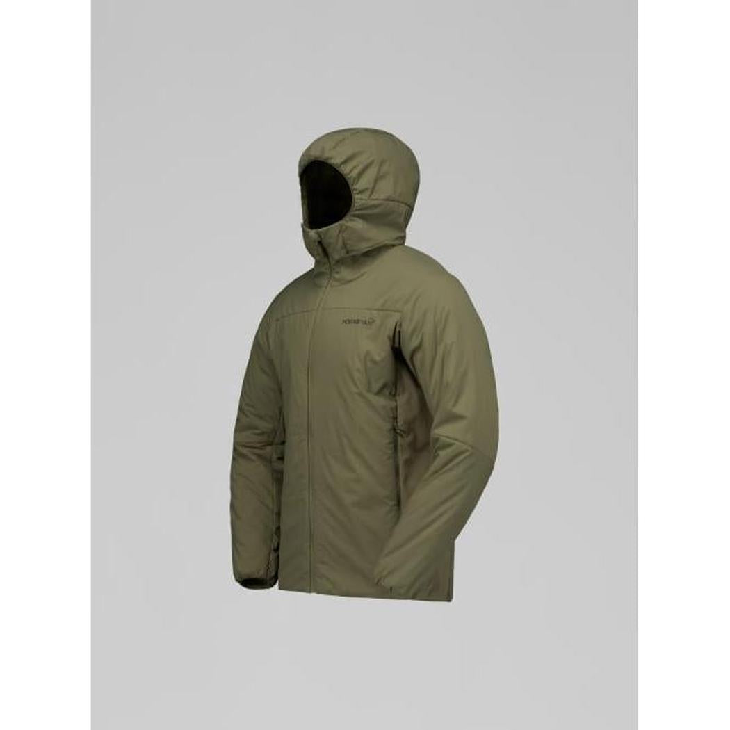 Side view of the Norrona Men's Femund Thermo60 Zip Hood in Indigo Night with a hood and front zipper against a light gray background.