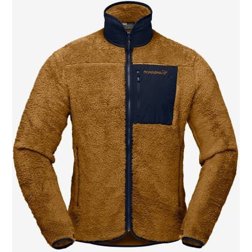 A front view of the Norrona Men's Femund Warm3 Jacket in Camelflage with a dark blue chest pocket and collar, shown against a plain white background.