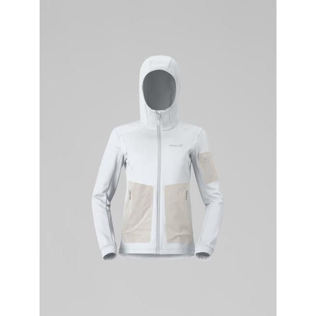 A front view of the Norrona Women's Falketind Warm 2 Stretch Hood jacket in Indigo Night against a light gray background.