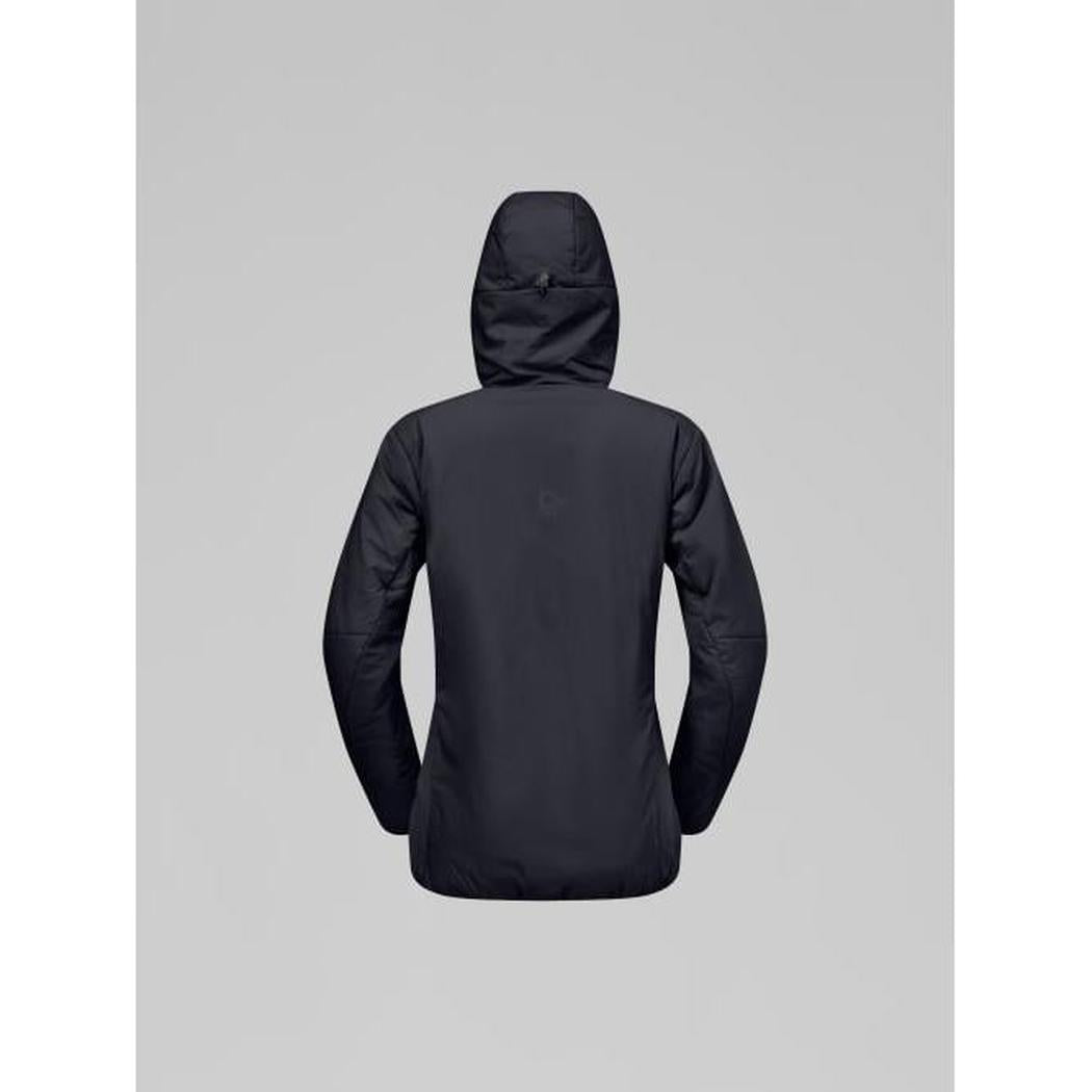 Back view of the Norrona Women's Femund Thermo60 Zip Hood in Caviar Black against a light gray background.