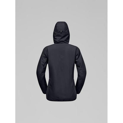 Back view of the Norrona Women's Femund Thermo60 Zip Hood in Caviar Black against a light gray background.
