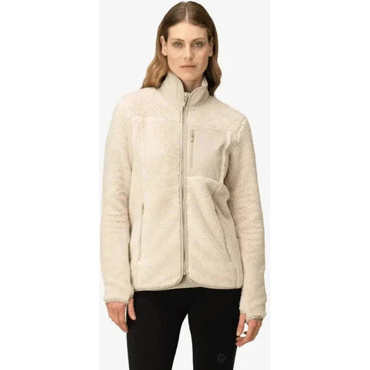 A front view of the Norrona Women's Femund Warm3 Jacket in Oatmeal on a model wearing black pants against a white background.