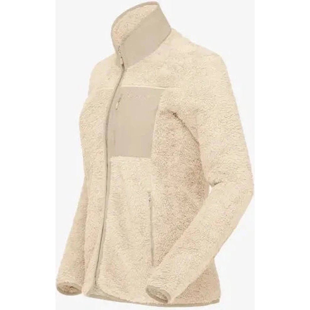 Side view of the Norrona Women's Femund Warm3 Jacket in Oatmeal showing the front zip and chest pocket against a white background.