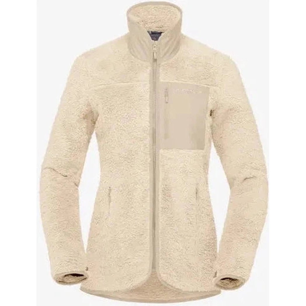 A front view of the Norrona Women's Femund Warm3 Jacket in Oatmeal showing the zippered chest pocket and high collar against a plain white background.