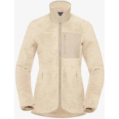 A front view of the Norrona Women's Femund Warm3 Jacket in Oatmeal showing the zippered chest pocket and high collar against a plain white background.