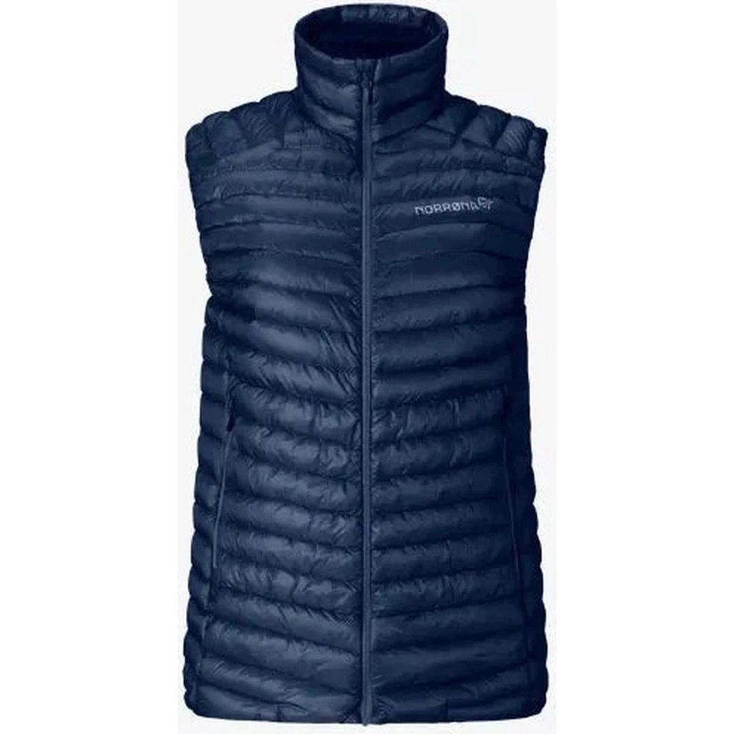 A front view of the Norrona Women's Trollveggen Superlight Down800 Vest in Caviar Black with a high collar and visible brand logo.