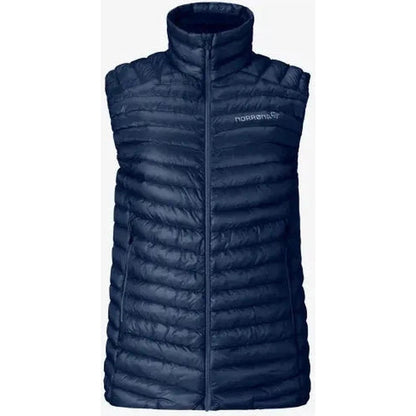 A front view of the Norrona Women's Trollveggen Superlight Down800 Vest in Caviar Black with a high collar and visible brand logo.