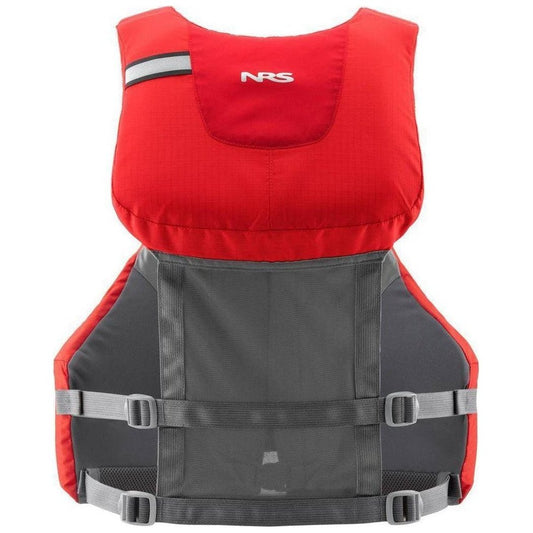 Back view of the NRS Clearwater Mesh Back PFD in Red showing the adjustable straps and mesh back panel.