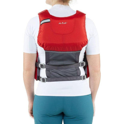 Back view of the NRS Clearwater Mesh Back PFD in Red on a model wearing teal pants against a white background.