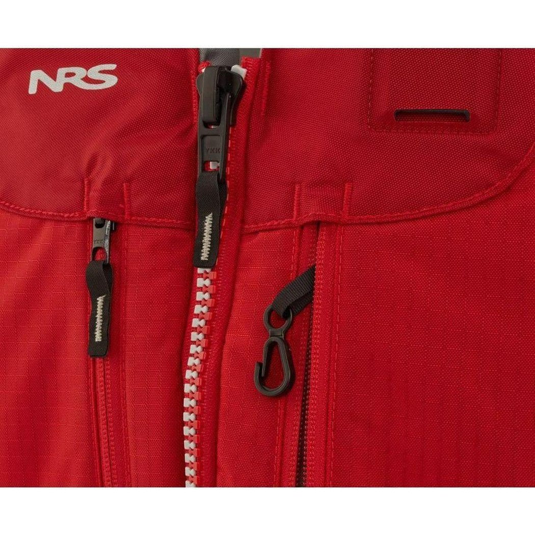 A close-up of the red NRS Clearwater Mesh Back PFD showing the zipper and pocket details.