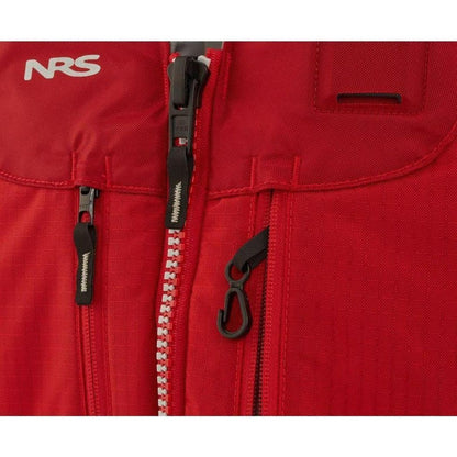 A close-up of the red NRS Clearwater Mesh Back PFD showing the zipper and pocket details.
