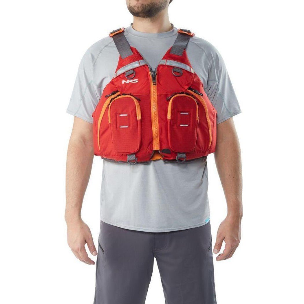 A man wearing a red NRS cVest Mesh Back PFD against a white background.