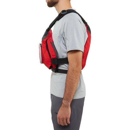 Side view of the NRS Ninja PFD in Red worn by a model against a white background.