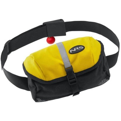 A yellow and black NRS kayak tow line with a black belt and red ball, shown from the front against a white background.