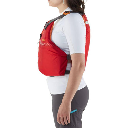 Side view of the NRS Vista PFD in Red on a model against a white background.